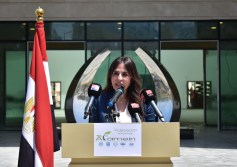 راندة المنشاوي في مؤتمر صحفي بمدينة العلمين